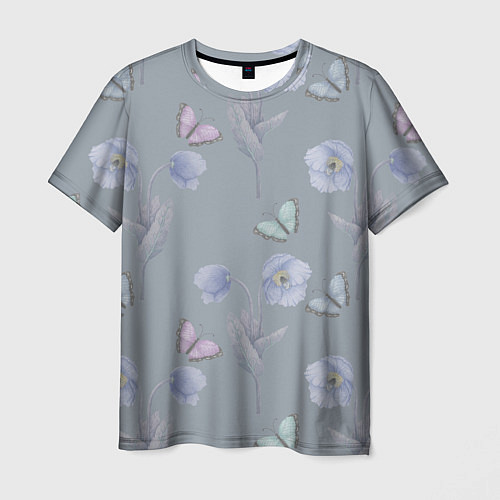 Мужская футболка Бабочки и цветы голубого мака / 3D-принт – фото 1