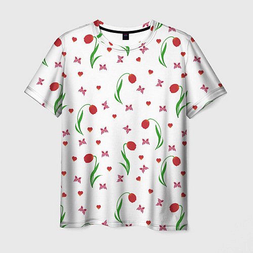 Мужская футболка Тюльпаны, бабочки, сердечки / 3D-принт – фото 1