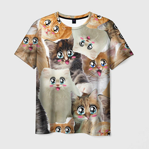Мужская футболка Много кошек с большими анимэ глазами / 3D-принт – фото 1