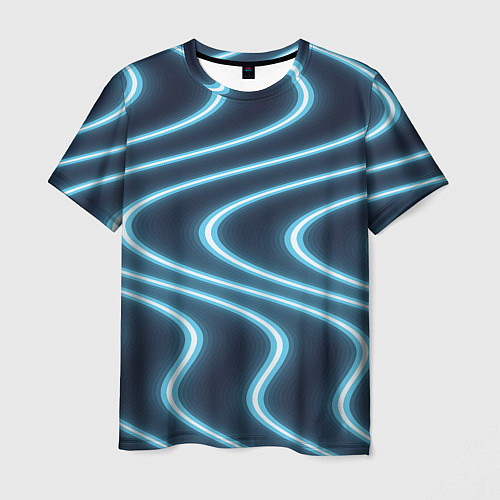 Мужская футболка Неоновый свет Волны голубые на темном фоне / 3D-принт – фото 1