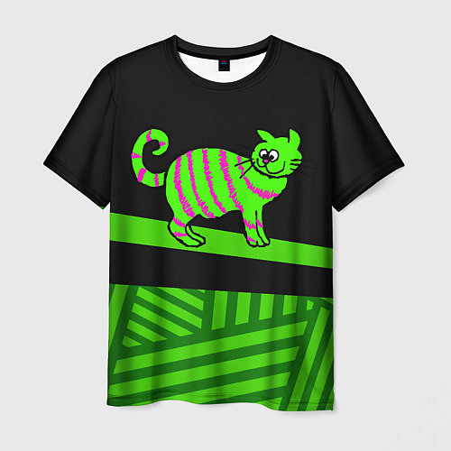 Мужская футболка Зеленый полосатый кот / 3D-принт – фото 1