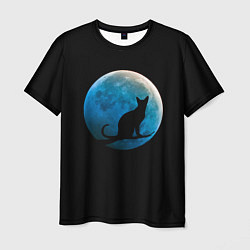 Футболка мужская Силуэт кота на фоне синей луны, цвет: 3D-принт