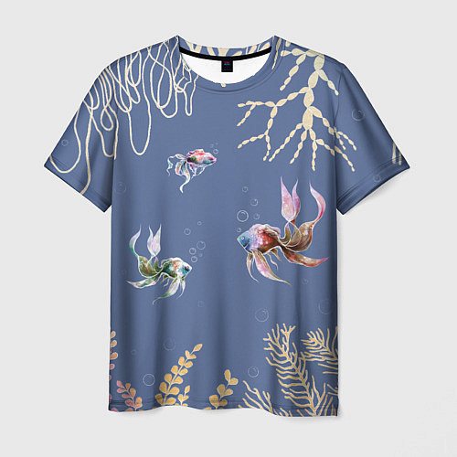 Мужская футболка Разноцветные акварельные рыбки с морскими водоросл / 3D-принт – фото 1