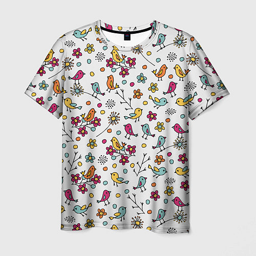 Мужская футболка Птицы и цветы Разноцветный узор в дудл стиле / 3D-принт – фото 1