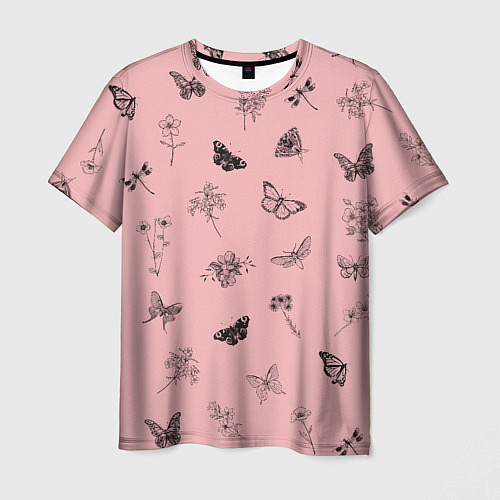 Мужская футболка Цветочки и бабочки на розовом фоне / 3D-принт – фото 1