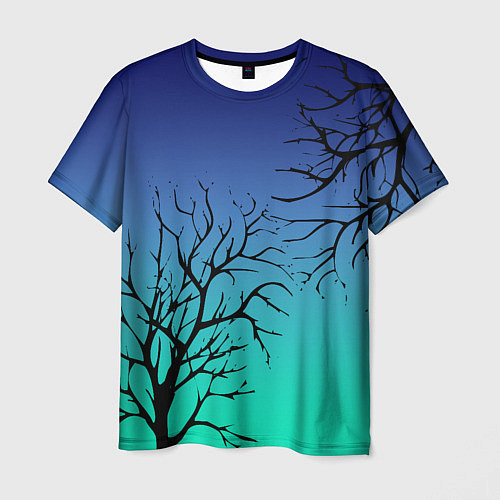 Мужская футболка Черные абстрактные ветки деревьев на сине-зеленом / 3D-принт – фото 1