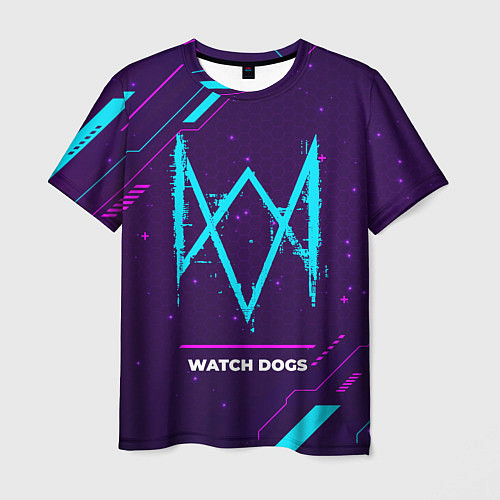 Мужская футболка Символ Watch Dogs в неоновых цветах на темном фоне / 3D-принт – фото 1
