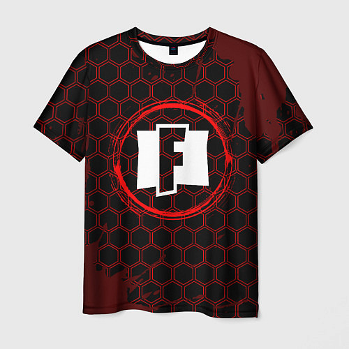 Мужская футболка Символ Fortnite и краска вокруг на темном фоне / 3D-принт – фото 1