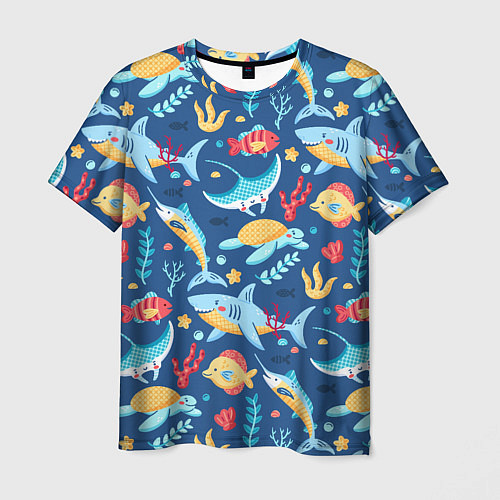 Мужская футболка Акула, скат и другие обитатели океана - лето / 3D-принт – фото 1