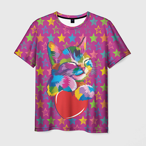 Мужская футболка Сердечный котик в поп-арте / 3D-принт – фото 1