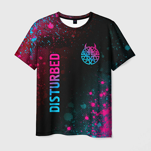 Мужская футболка Disturbed - neon gradient: символ и надпись вертик / 3D-принт – фото 1