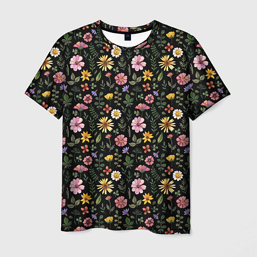 Мужская футболка Цветочная полянка на темном фоне / 3D-принт – фото 1