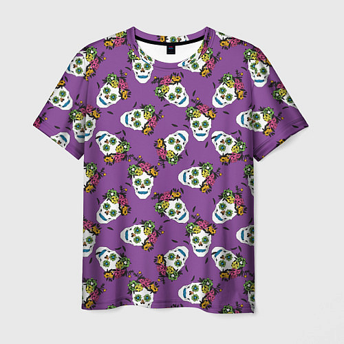 Мужская футболка Сахарные черепа на фиолетовом паттерн / 3D-принт – фото 1