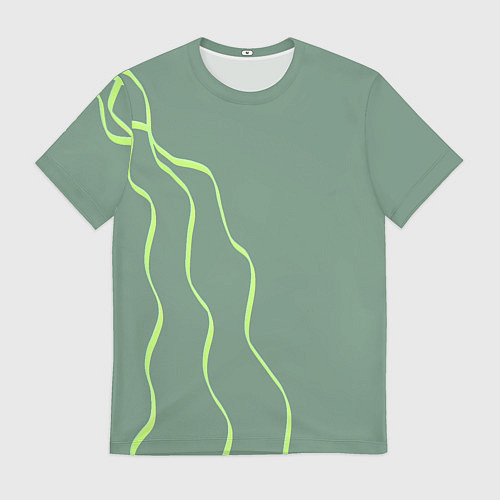 Мужская футболка Абстрактные зеленые линии на фоне цвета хаки / 3D-принт – фото 1