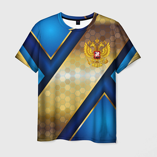 Мужская футболка Золотой герб России на синем объемном фоне / 3D-принт – фото 1