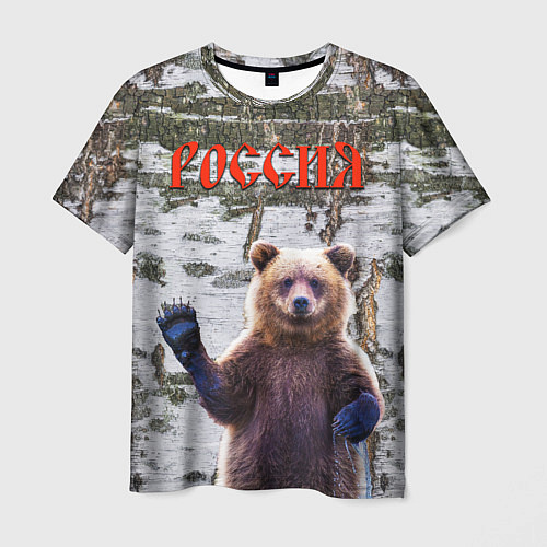 Мужская футболка Российский медведь на фоне берёзы / 3D-принт – фото 1