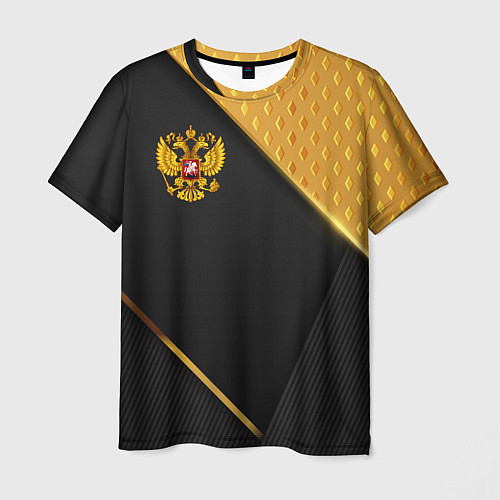 Мужская футболка Герб России на черном фоне с золотыми вставками / 3D-принт – фото 1