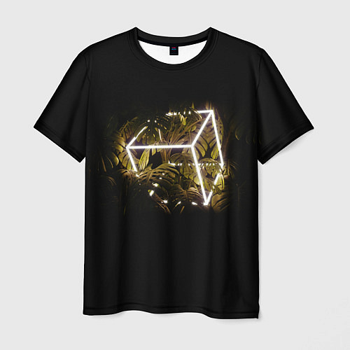 Мужская футболка Неоновый куб среди растений / 3D-принт – фото 1