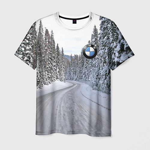 Мужская футболка BMW - зимняя дорога через лес / 3D-принт – фото 1