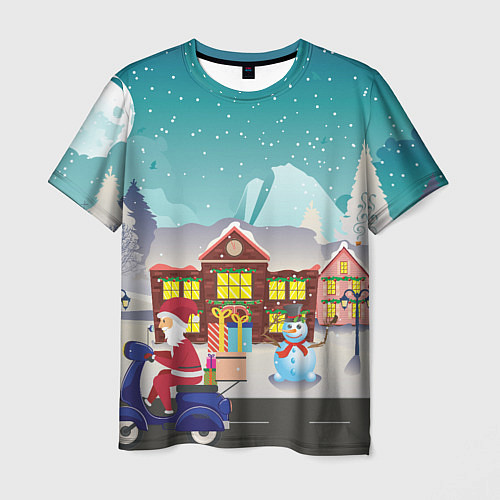 Мужская футболка В Новогоднюю ночь Дед Мороз едет на скутере с пода / 3D-принт – фото 1
