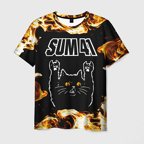 Мужская футболка Sum41 рок кот и огонь / 3D-принт – фото 1