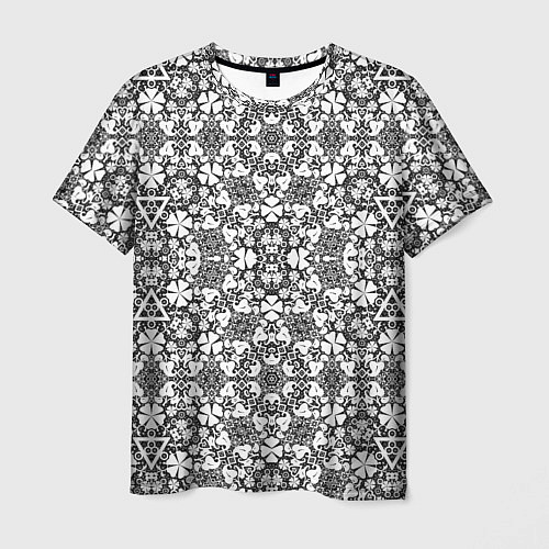 Мужская футболка Черно-белый кружевной ажурный узор Цветочное круже / 3D-принт – фото 1