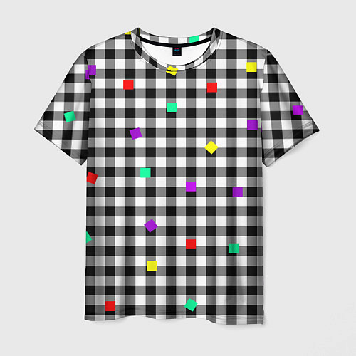 Мужская футболка Черно-белая клетка с цветными квадратами / 3D-принт – фото 1