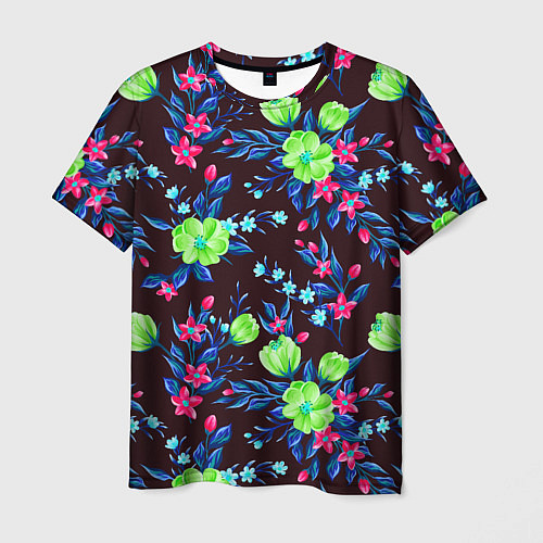 Мужская футболка Неоновые цветы - паттерн / 3D-принт – фото 1
