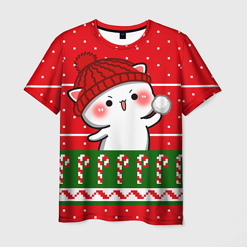 Мужская футболка Белый котик - игра в снежки / 3D-принт – фото 1