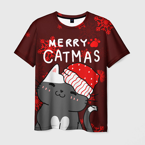 Мужская футболка Новогодние снежинк и котик в шапочке / 3D-принт – фото 1