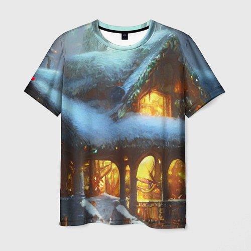 Мужская футболка Новогодний коттедж с гирляндами в заснеженном лесу / 3D-принт – фото 1