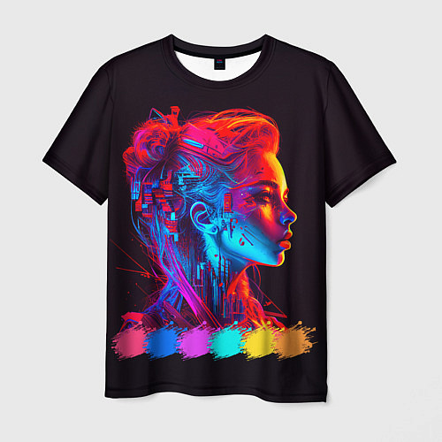 Мужская футболка Нейросеть - девушка киборг в неоновом свечении / 3D-принт – фото 1
