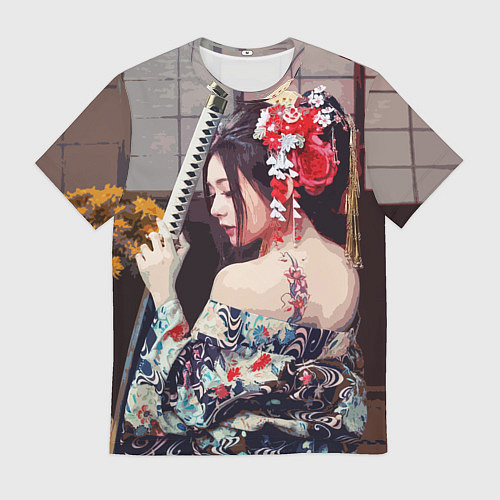 Мужская футболка Японская девушка с самурайским мечом / 3D-принт – фото 1
