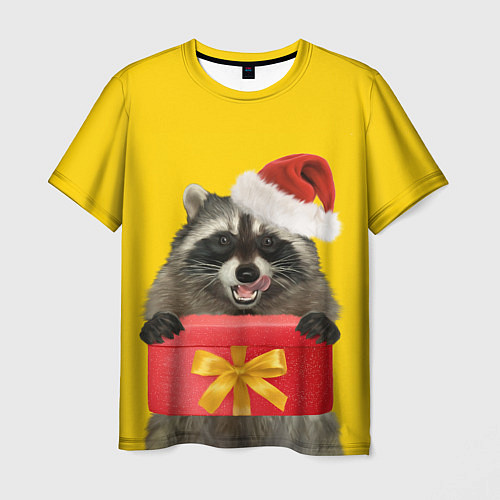 Мужская футболка Криповый енот-санта с подарком / 3D-принт – фото 1