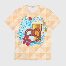 Футболка мужская Брецель с пивом и красными листьями, цвет: 3D-принт