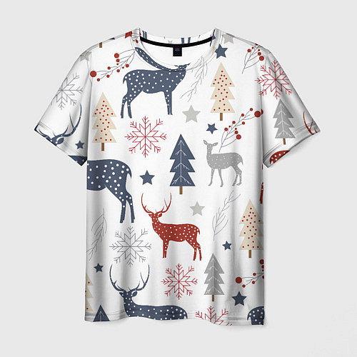 Мужская футболка Олени в новогоднем лесу / 3D-принт – фото 1