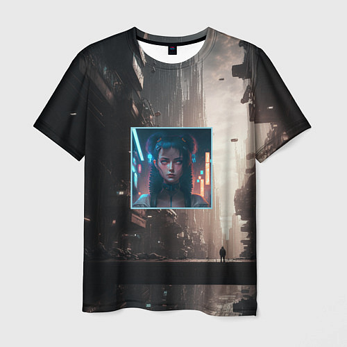 Мужская футболка Девушка во мраке киберпанк города / 3D-принт – фото 1