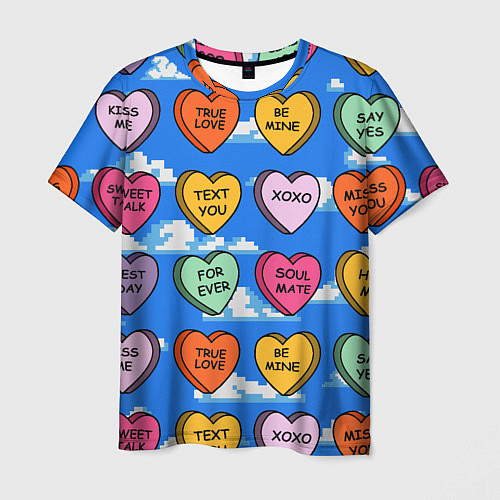 Мужская футболка Валентинки конфетки сердечки с посланиями / 3D-принт – фото 1
