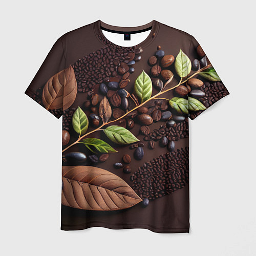 Мужская футболка Кофейные зерна и листья чая / 3D-принт – фото 1