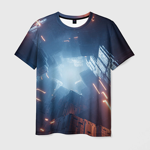 Мужская футболка Множество неоновых блоков во тьме и туман / 3D-принт – фото 1
