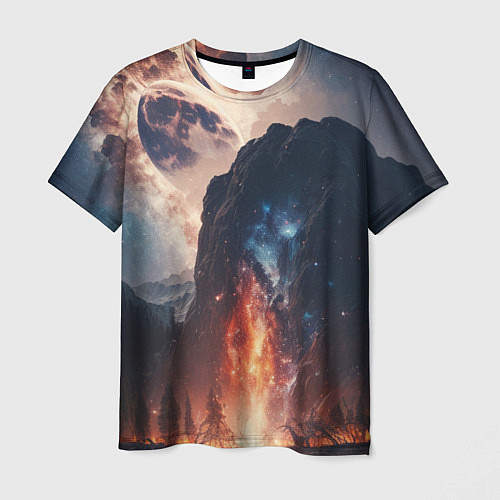 Мужская футболка Галактика как ночное небо над пейзажем / 3D-принт – фото 1