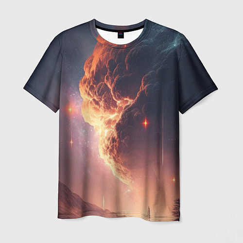 Мужская футболка Галактика над живописным пейзажем / 3D-принт – фото 1