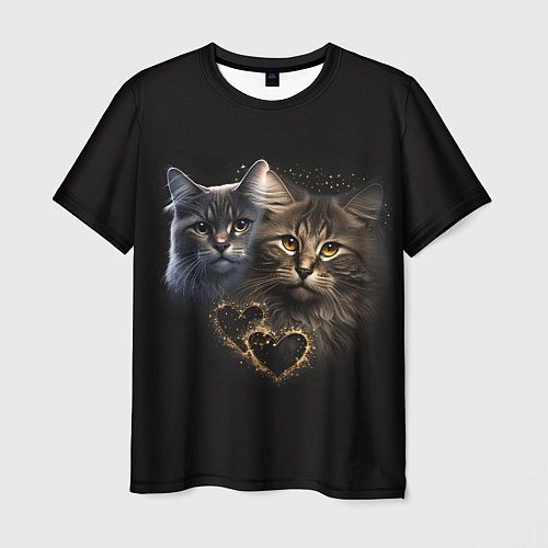 Мужская футболка Влюбленные кот и кошка с сердечками / 3D-принт – фото 1