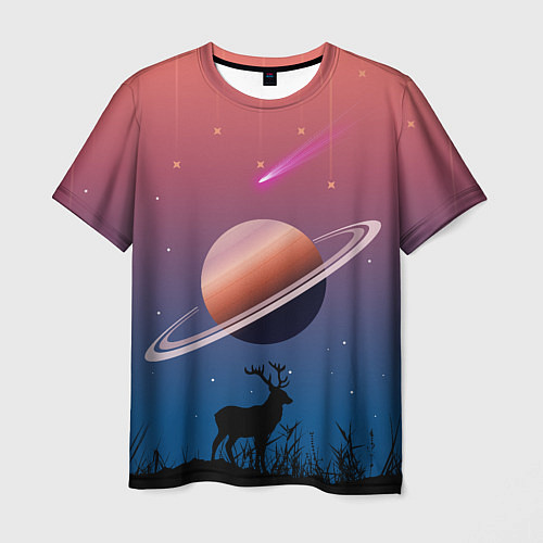 Мужская футболка Сатурн на фоне падающих звезд и кометы / 3D-принт – фото 1