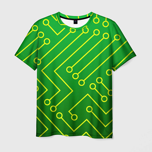 Мужская футболка Технический зелёный паттерн с жёлтыми лучами / 3D-принт – фото 1