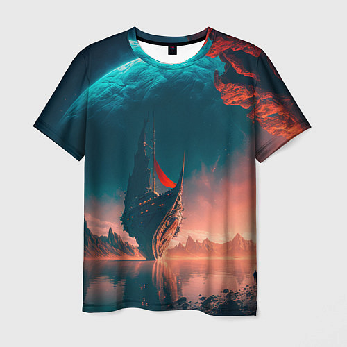 Мужская футболка Абстрактный летающий корабль и луна / 3D-принт – фото 1
