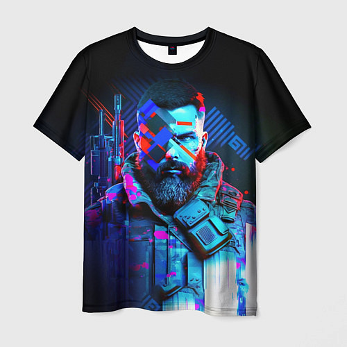 Мужская футболка Неоновый воин в стиле киберпанк / 3D-принт – фото 1