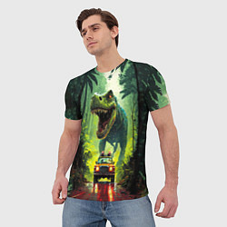 Футболка мужская Динозавр в погоне за машиной в джунглях, цвет: 3D-принт — фото 2