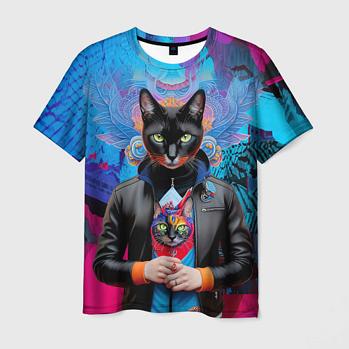 Мужская футболка Чёрная модница кошка - нейросеть / 3D-принт – фото 1