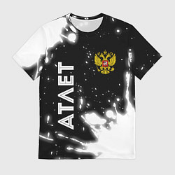 Мужская футболка Атлет из России и герб РФ: надпись, символ